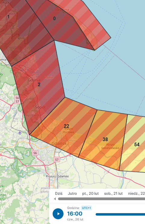 Mapa AmberMap pokazująca prognozę bursztynu dla regionów polskiego wybrzeża Bałtyku